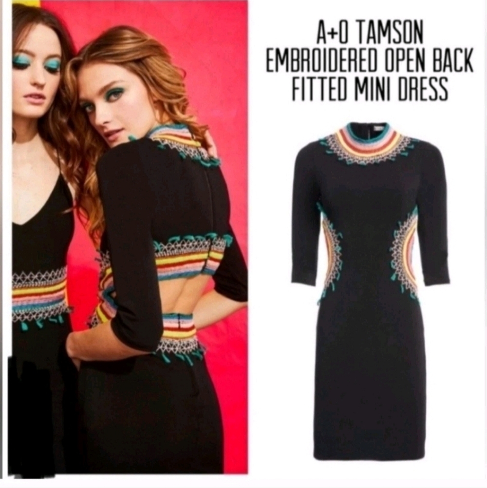 Alice + Olivia Tamson Embroidred Fitted Open Back Mini Dress Size 8 - Picture 2 of 13